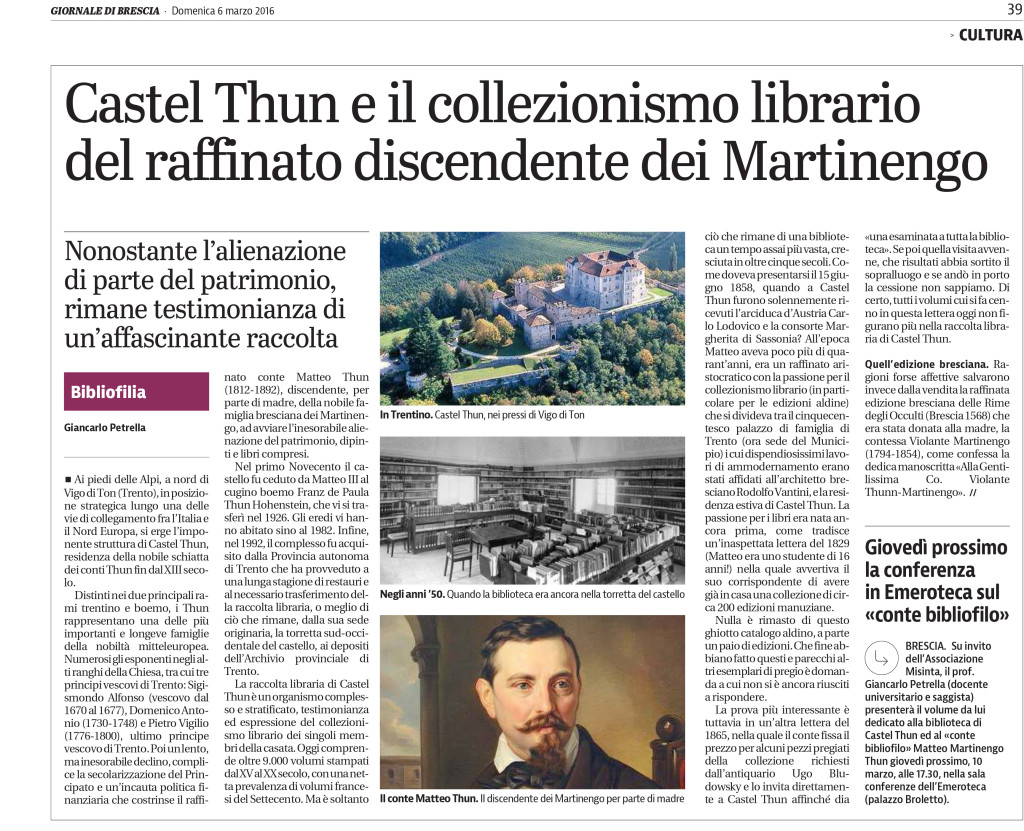 GIORNALE DI BRESCIA 6 marzo 2016 PETRELLA CASTEL THUN E IL COLLEZIONISMO LIBRARIO